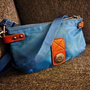 Blue/ Teal Crossbody Bag With Brown Leather Trim